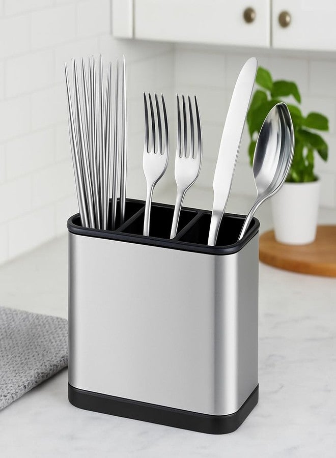 Lukzer Spoon Stand Multi-Compartment Cutlery Holder | Kitchen Countertop Utensil Organizer for Spoons, Forks, Knives Stainless Steel Finish with Anti-Slip with Drainage Base Space Saving Design CH-378 - Image 1